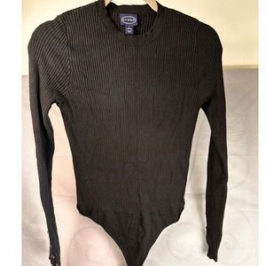 Scoop Black Ribbed Basic Minimalist Knit Long Sleeve Bodysuit Top Size XL